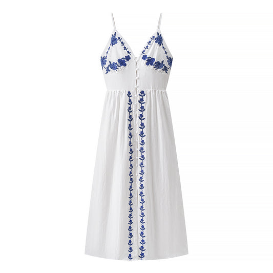 Women Clothing Fall Vacation Embroidered Strap Mid Length Dress