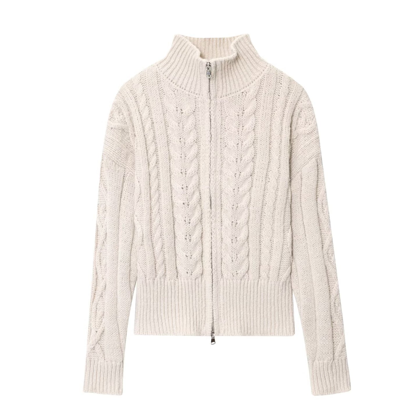 Women Idle Zipped Stand Collar Long Sleeve Twist Knitted Cardigan