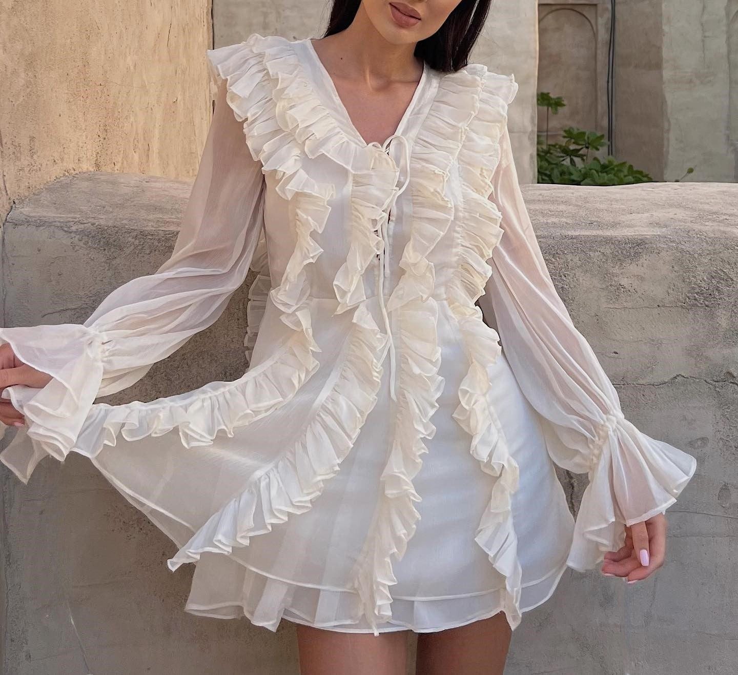 Elegant Women Clothing V neck Chiffon Multi Layer Ruffled Dress