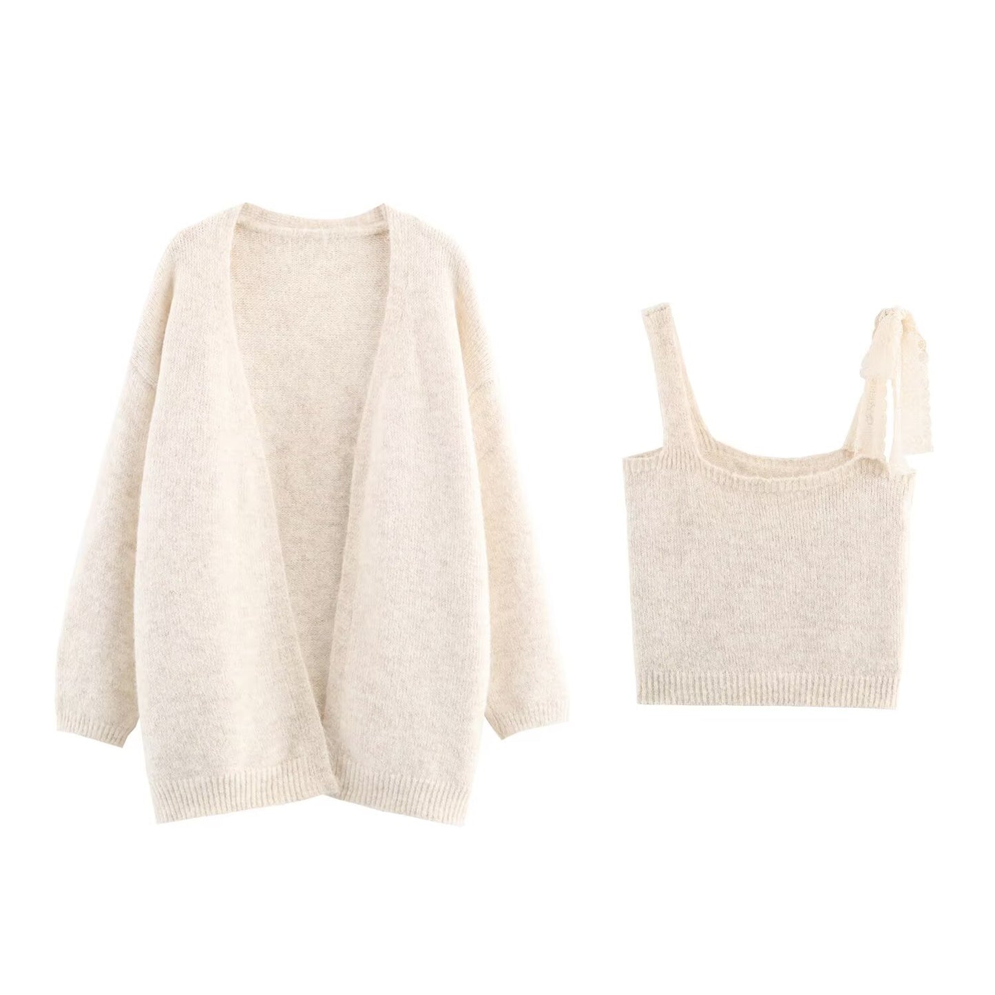 Women Lace Collared Blouse Shoulder Strap Two Piece Knitted Cardigan Set