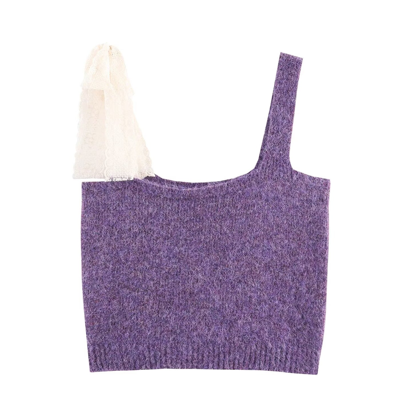 Women Lace Collared Blouse Shoulder Strap Two Piece Knitted Cardigan Set