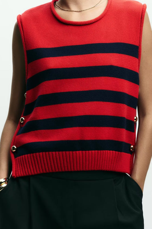 Women Autumn Thick Needle Vest Bandage Dress Button round Neck Sleeveless Waistcoat Knitted Striped Vest