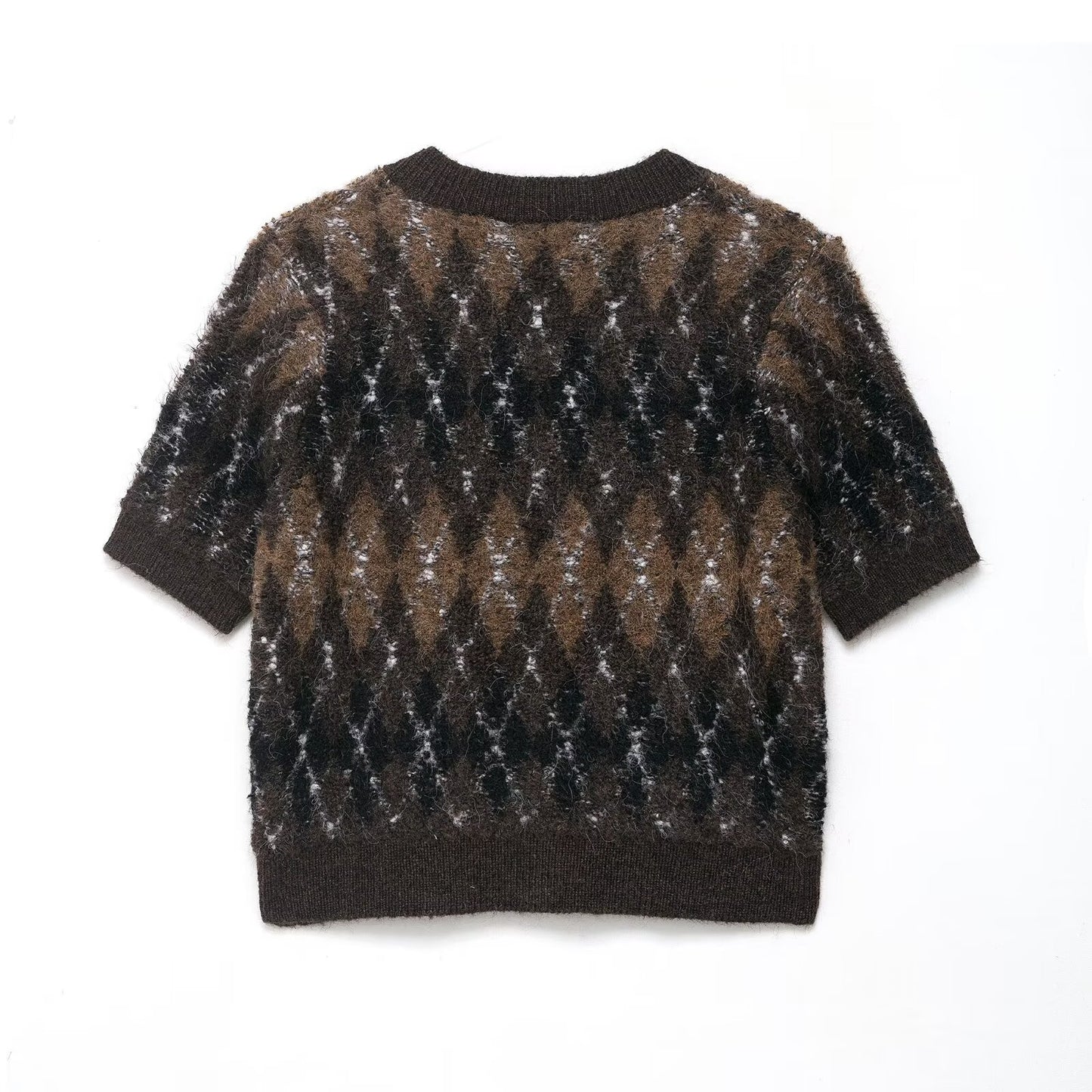Women Clothing Autumn Beautiful Diamond Pattern Short Sleeve Knitted Coat