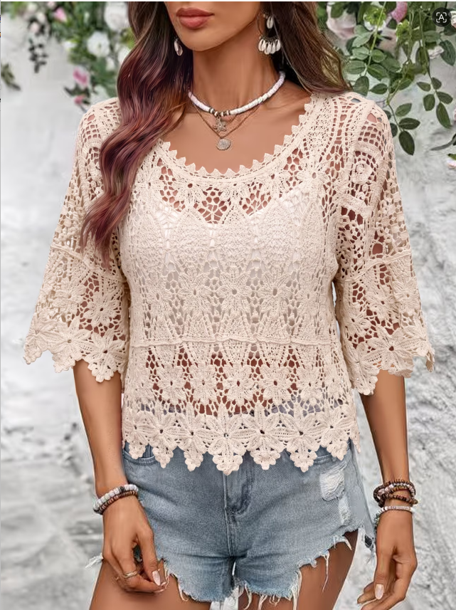 Women Summer Lace Knit Solid Color Round Neck Top Reddy
