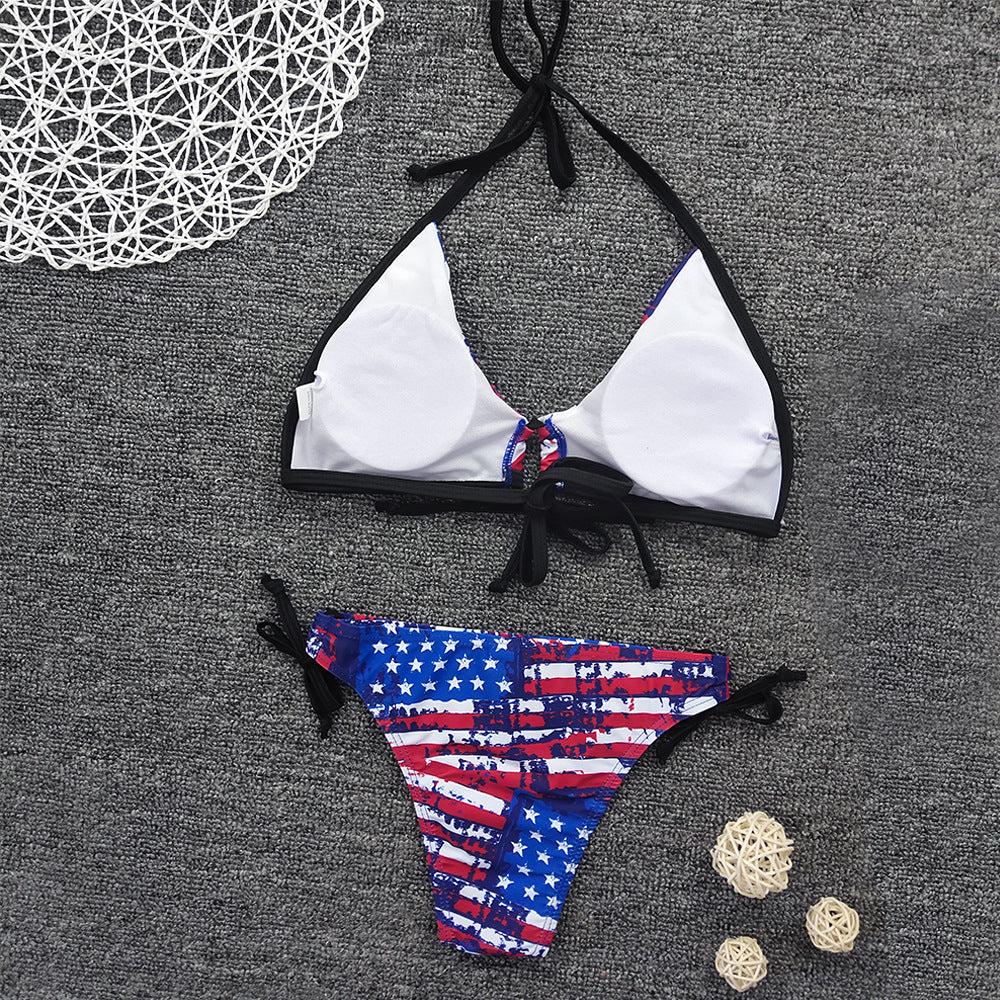 Bikini sexy con cordones y estampado de bandera para mujer