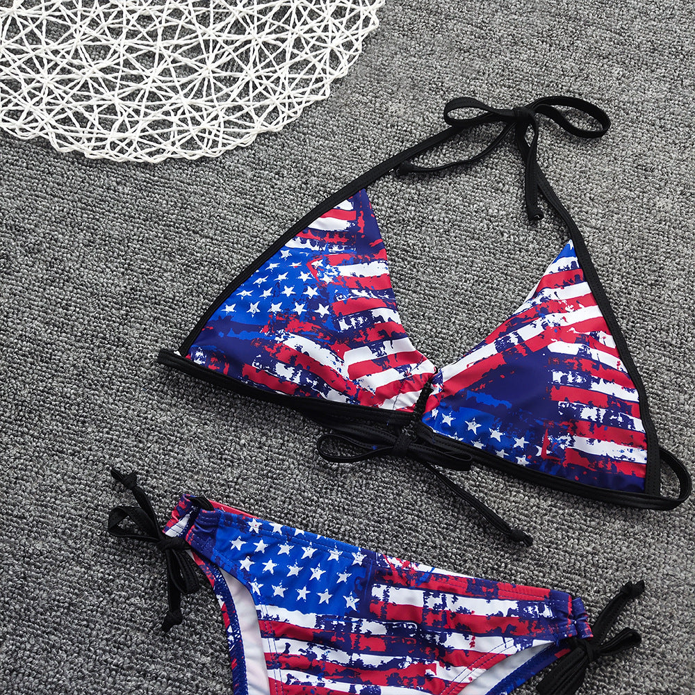 Bikini sexy con cordones y estampado de bandera para mujer