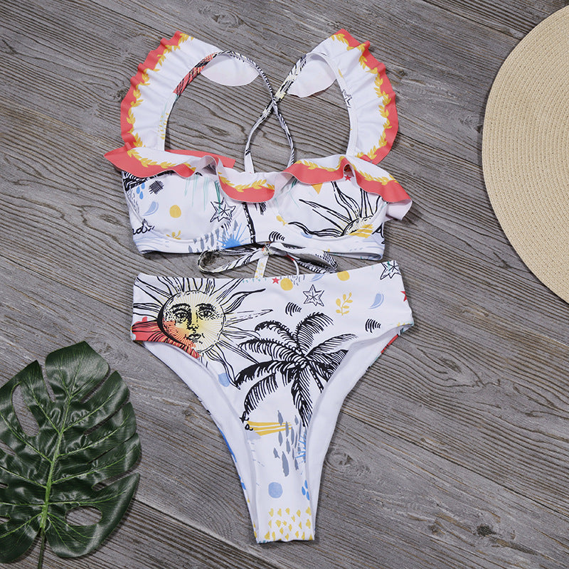 Traje de baño bikini dividido con estampado de volantes