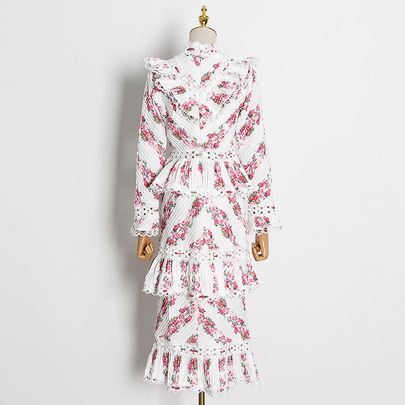 Australia Spring Retro Heavy Industry Crocheted Stand Collar Pleated Tiered Dress Ruffled Long Sleeve Dress Sailfish
