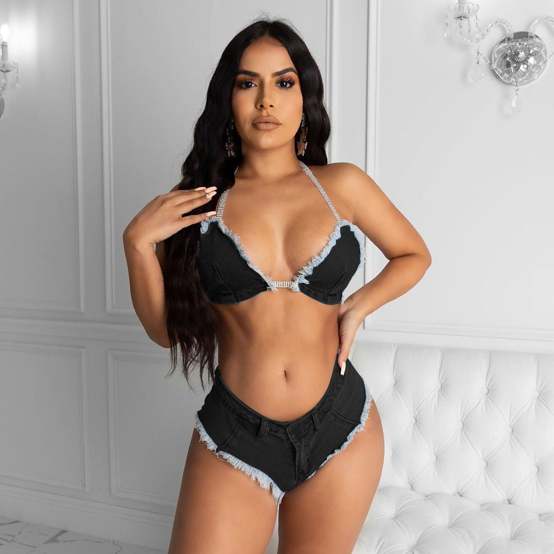 Women Clothing Sexy Bikini Tassel Tether Denim Two Piece Suit