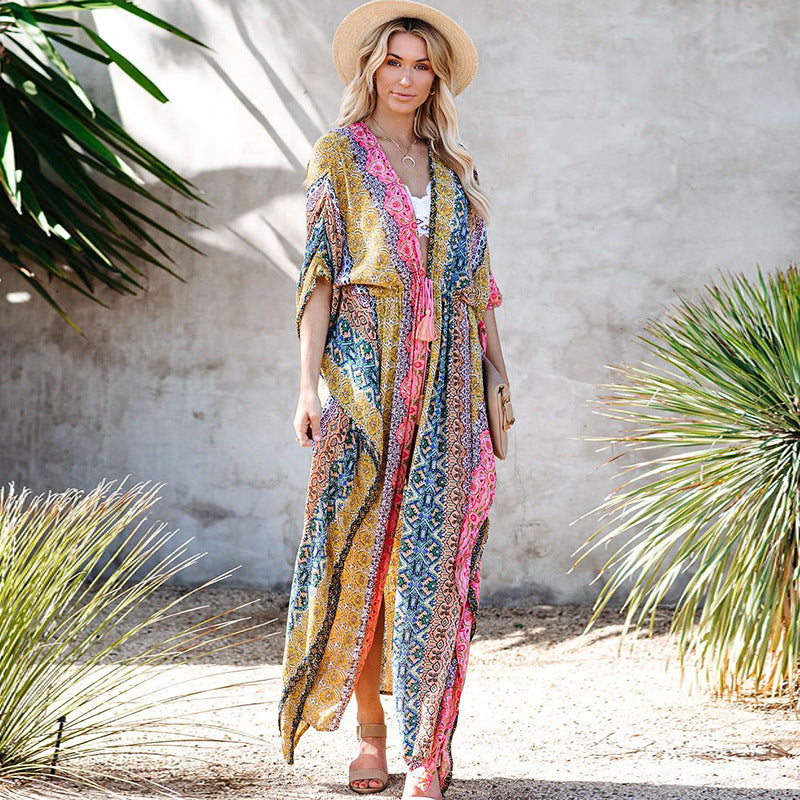 Chaqueta de playa con estampado de rayón, cárdigan holgado de longitud media para vacaciones, protección solar, bikini, traje de baño, ropa de abrigo, blusa