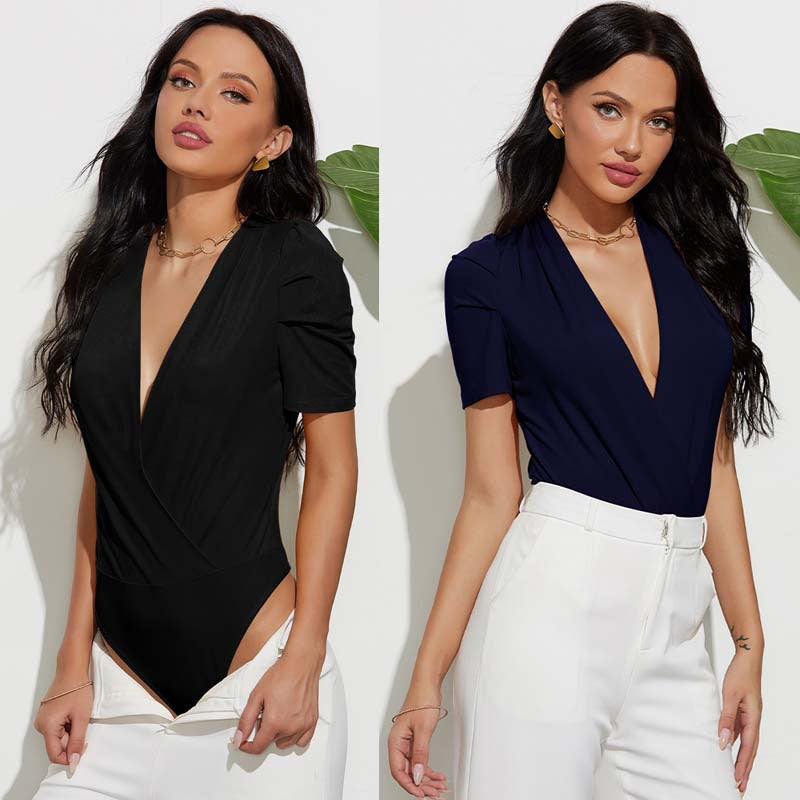 Deep V-neck Sexy Women Top Pleating Sleeve Slim Solid Color Base Shirt Figure Flattering Bodysuit