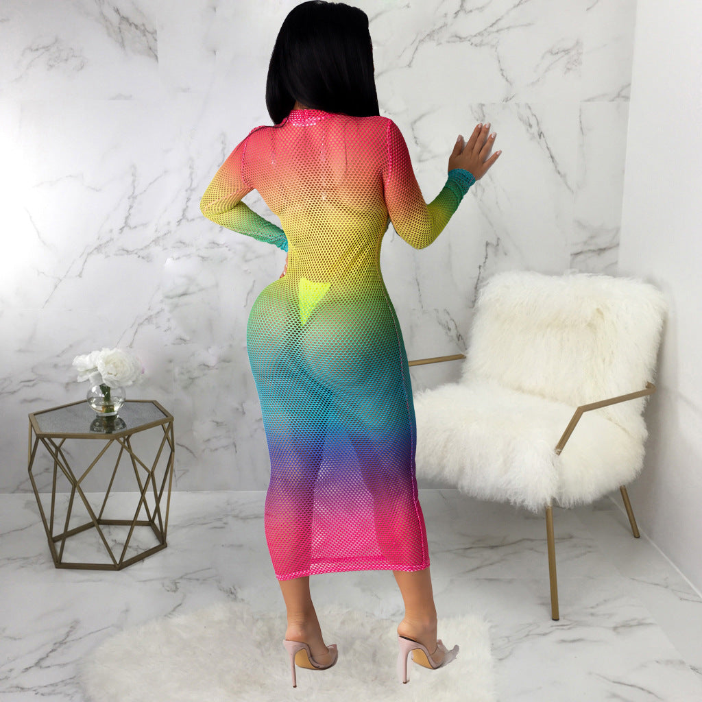Wear Nightclub Super Elastic Angular Mesh Printed Dress