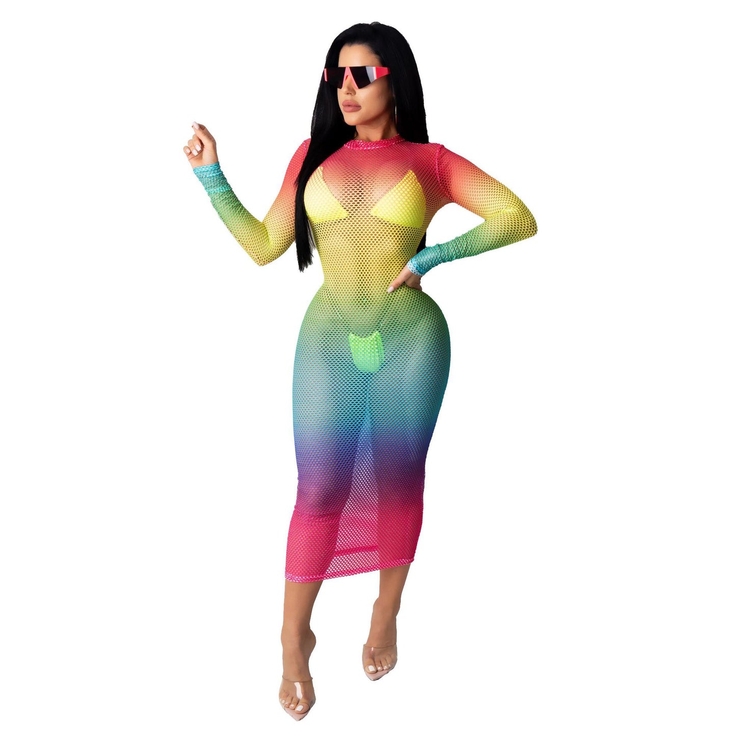 Wear Nightclub Super Elastic Angular Mesh Printed Dress