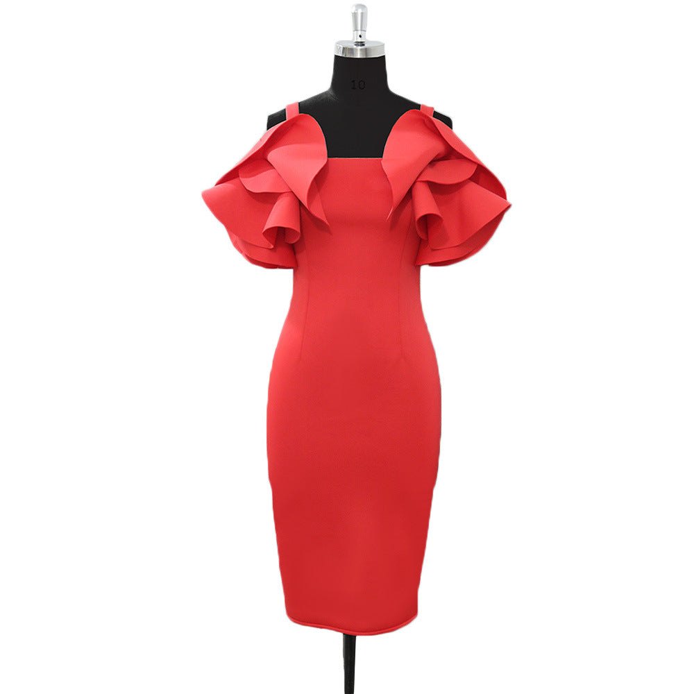 Sexy Spaghetti-Strap Ruffle Elegant Slim High Waist Slimming Sheath plus Size Dress Women Dress