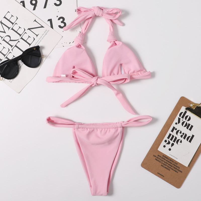 Traje de baño de bikini dividido para mujer, color sólido, sexy, de triángulo, con cuello halter y tirantes finos, de nailon.