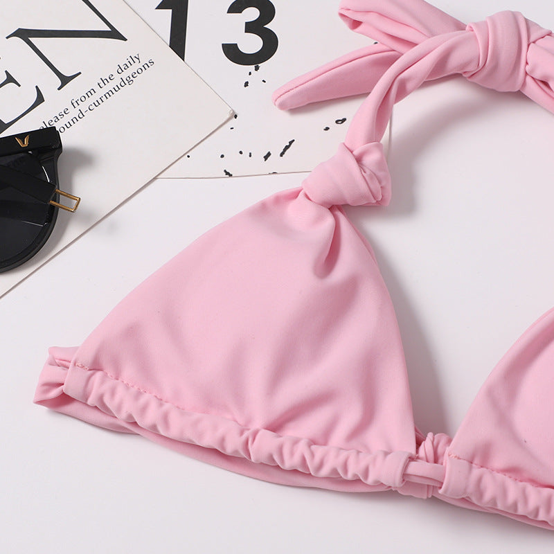 Traje de baño de bikini dividido para mujer, color sólido, sexy, de triángulo, con cuello halter y tirantes finos, de nailon.