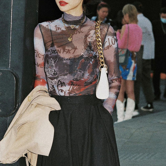 Body sexy à manches longues en maille transparente avec imprimé graphique et lettres