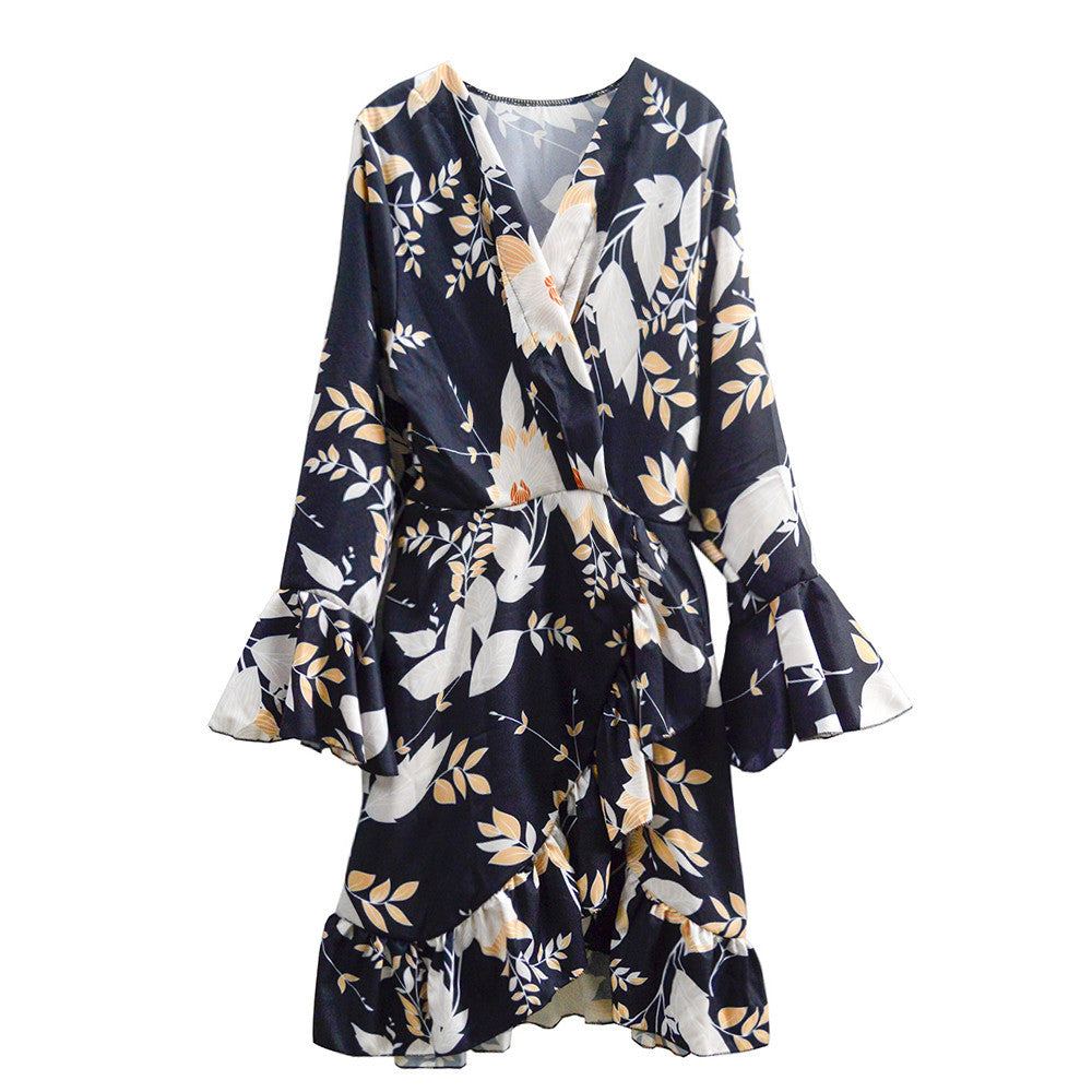 Sexy Women Beach Dress Deep V Plunge Plunge Printed Dress Cinched Waist Slim-fit Long Sleeve Mini Dress