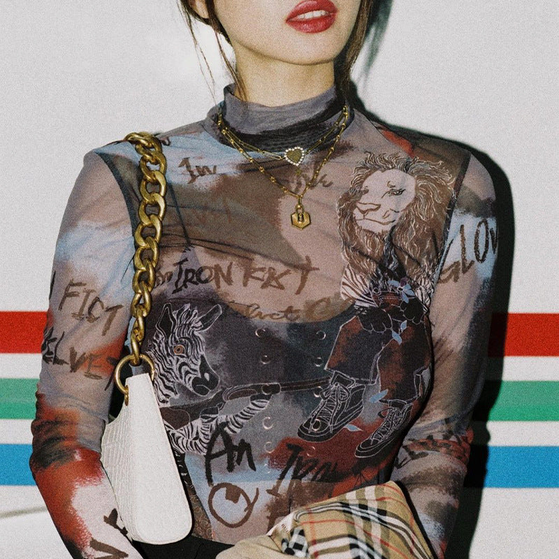 Sexy Sheer Mesh Letter Graphic Printing Bottoming Long-Sleeved Bodysuit