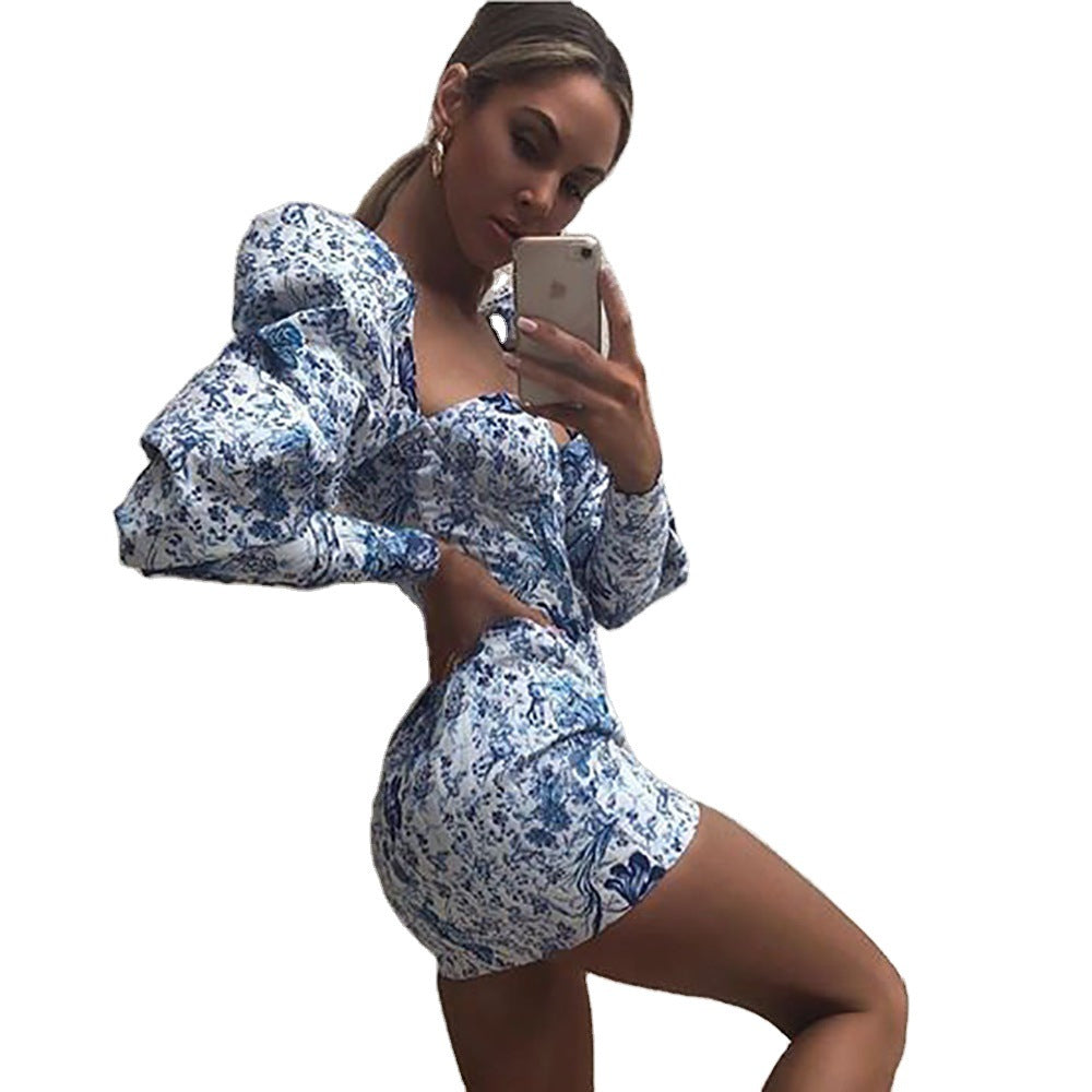 Printed Puff Sleeve Wrapped Chest Sheath Slim Dress