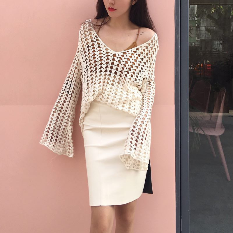 Korean Cotton Thread Hollow Out Cutout Crochet Embroidery Floral Women Long Sleeve Bottoming Shirt Smock Top Sun Protective Blouse