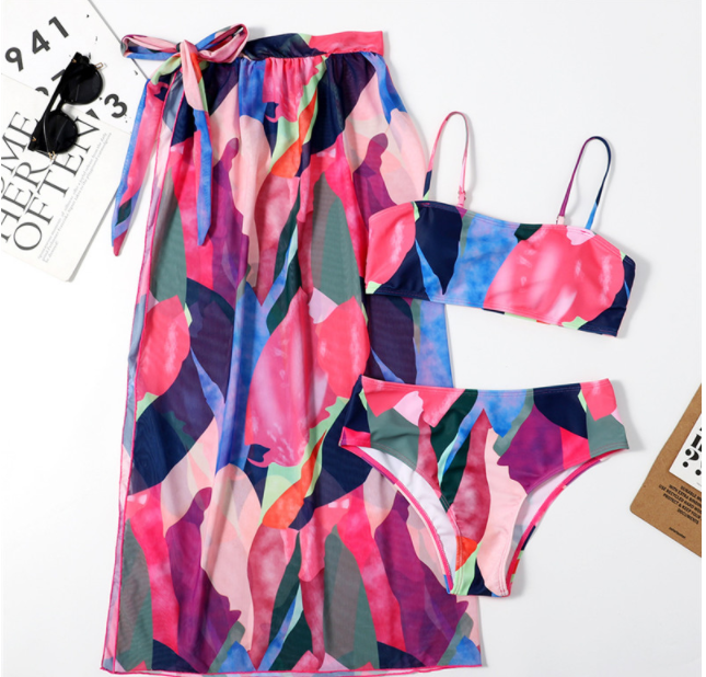 Bandeau Taille haute Bloc de couleur Imprimé Jupes Ensemble de bain 3 pièces Maillot de bain bikini élégant Maillot de bain femme Maillot de bain femme