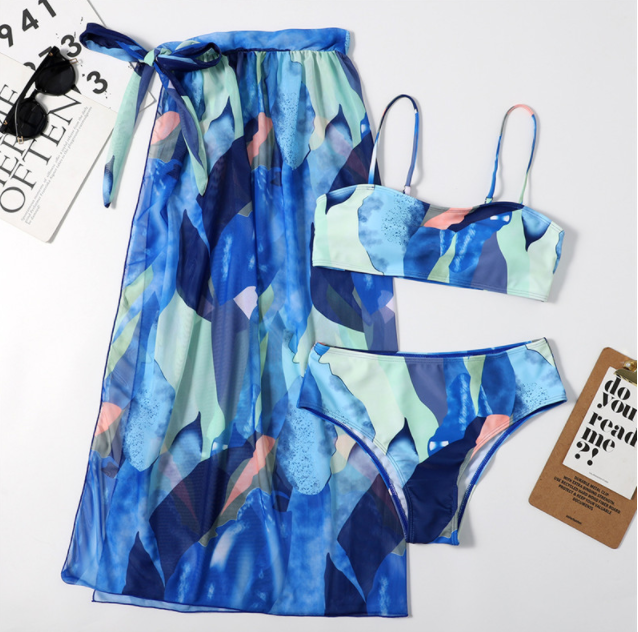 Bandeau Taille haute Bloc de couleur Imprimé Jupes Ensemble de bain 3 pièces Maillot de bain bikini élégant Maillot de bain femme Maillot de bain femme