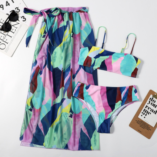 Bandeau Taille haute Bloc de couleur Imprimé Jupes Ensemble de bain 3 pièces Maillot de bain bikini élégant Maillot de bain femme Maillot de bain femme