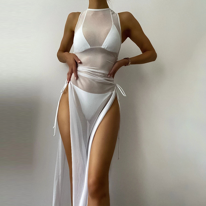 Conjunto de 3 piezas negro Traje de baño de cuello alto Traje de baño de mujer Traje de baño de mujer Faldas Bikini Traje de baño de triángulo halter