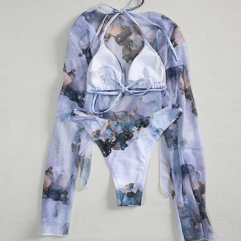 Sexy marble print bikini set 3 piece swimsuit mesh long sleeve swimsuit High cut swimwear women String halter micro bikini Beach wear