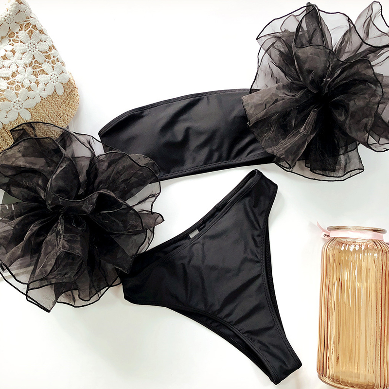 Conjunto de bikini de cintura alta, top bandeau, traje de baño de malla con mangas con volantes, traje de baño sexy de verano para mujer, bañadores para mujer