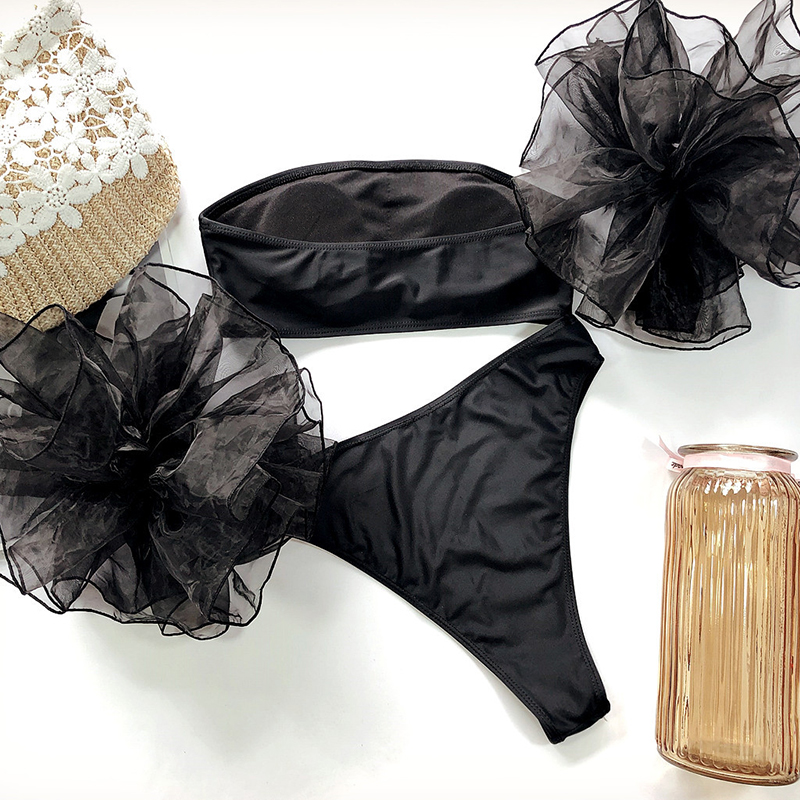Conjunto de bikini de cintura alta, top bandeau, traje de baño de malla con mangas con volantes, traje de baño sexy de verano para mujer, bañadores para mujer