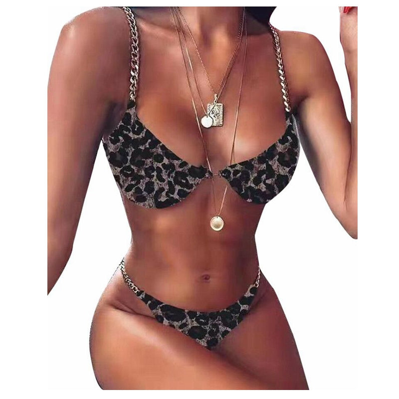 Bikini de cadena sexy liso dividido traje de baño con hebilla de pasador