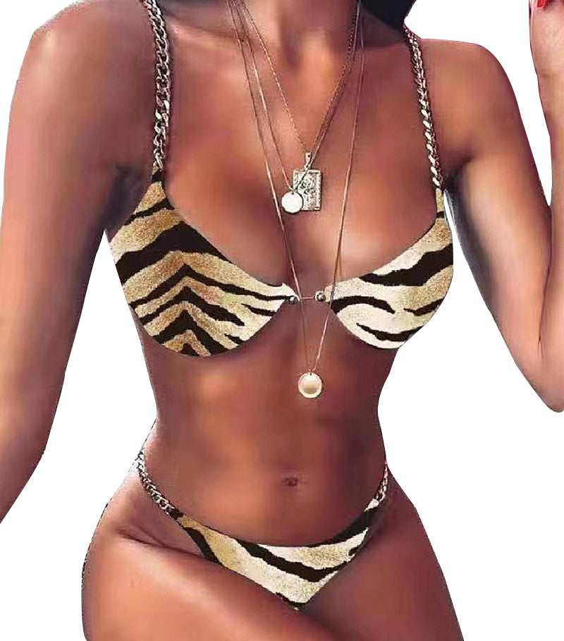 Bikini de cadena sexy liso dividido traje de baño con hebilla de pasador
