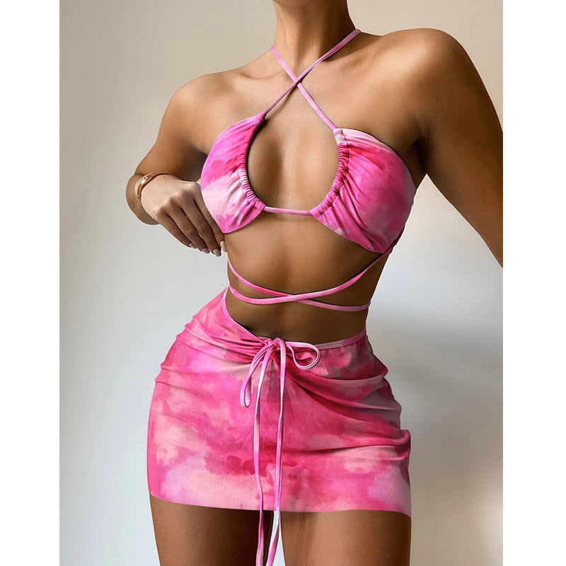3 pieces mesh skirt swimwear Tie dye bikini Hollow Out Cutout out bandeau swimsuit women swimming suit String bathing suit Beachwear
