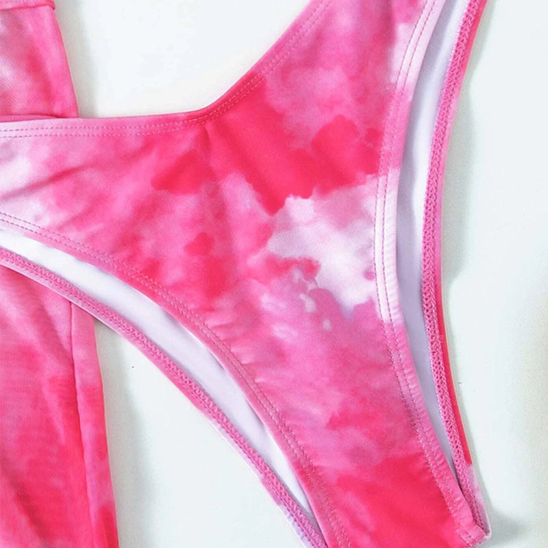 3 pieces mesh skirt swimwear Tie dye bikini Hollow Out Cutout out bandeau swimsuit women swimming suit String bathing suit Beachwear
