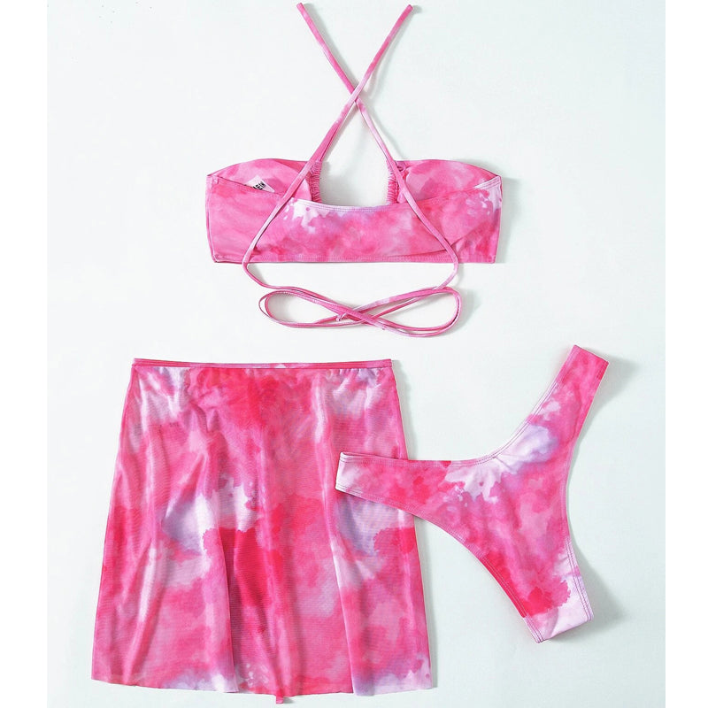 3 pieces mesh skirt swimwear Tie dye bikini Hollow Out Cutout out bandeau swimsuit women swimming suit String bathing suit Beachwear
