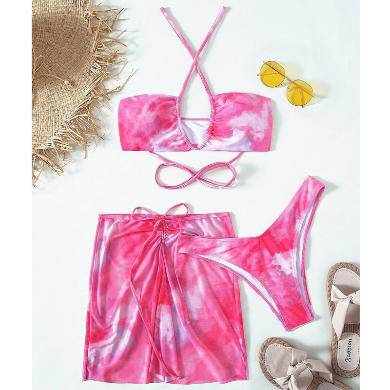 3 pieces mesh skirt swimwear Tie dye bikini Hollow Out Cutout out bandeau swimsuit women swimming suit String bathing suit Beachwear