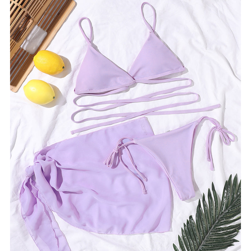 Sexy solid triangle bikini set 3 pieces mesh skirt swimsuit women String lace up swimming suit High cut swimwear Women