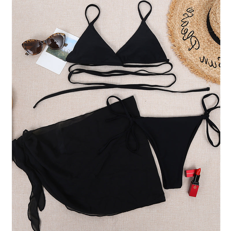 Sexy solid triangle bikini set 3 pieces mesh skirt swimsuit women String lace up swimming suit High cut swimwear Women