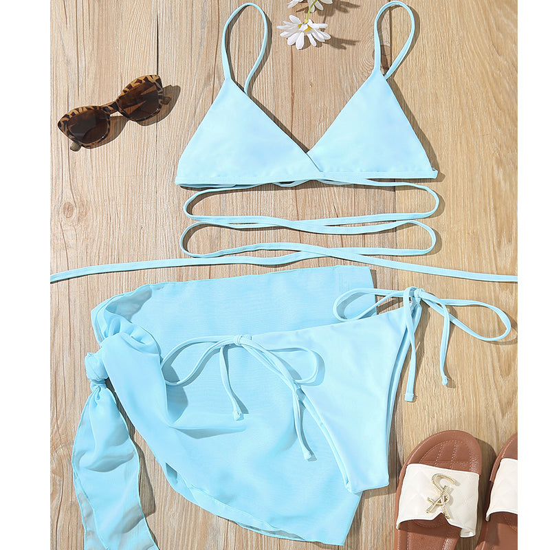 Sexy solid triangle bikini set 3 pieces mesh skirt swimsuit women String lace up swimming suit High cut swimwear Women