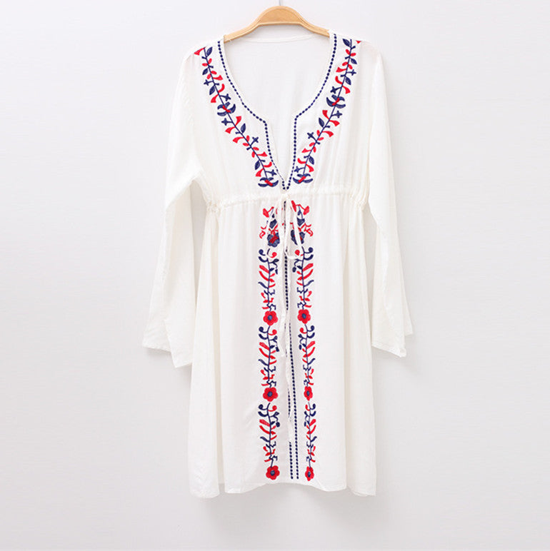 Embroidered Beach Cover-up Sexy Deep V-neck Vacation Sun Protection Shirt Bikini Cover