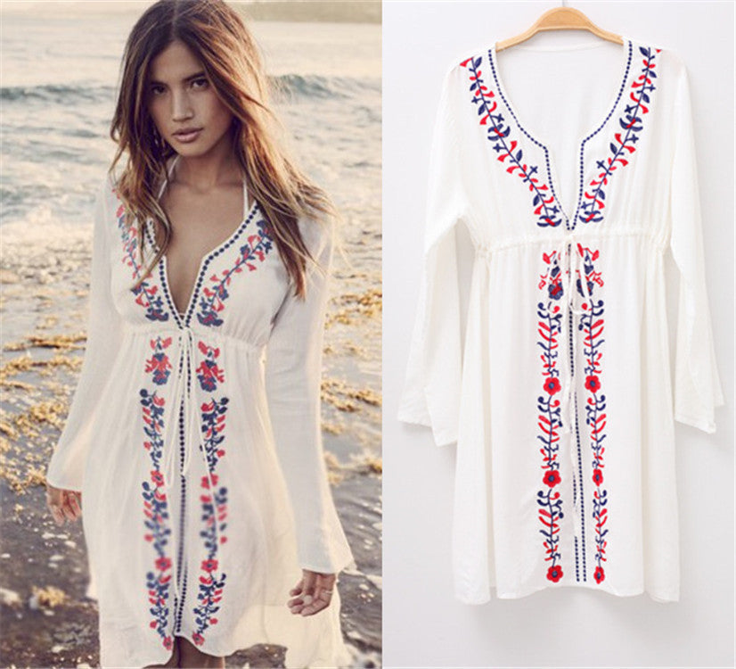 Embroidered Beach Cover-up Sexy Deep V-neck Vacation Sun Protection Shirt Bikini Cover