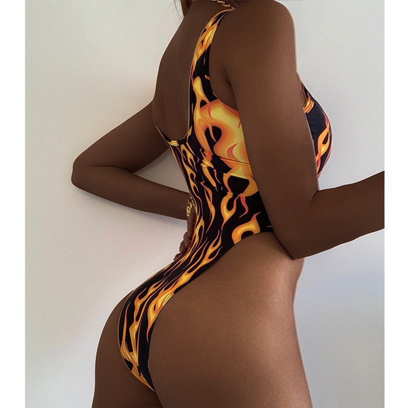 Fire Print Retro Sexy Swimsuit Women High Cut Bodysuit One-Piece Suit Women One Piece Swimsuit Push Up Swimwear