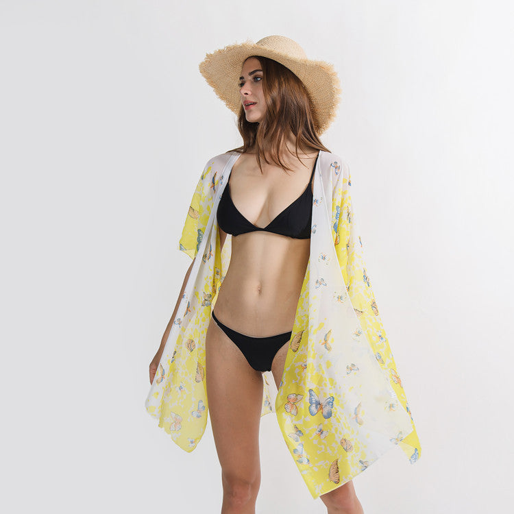 Cárdigan de bikini para playa con estampado de mariposas pequeñas