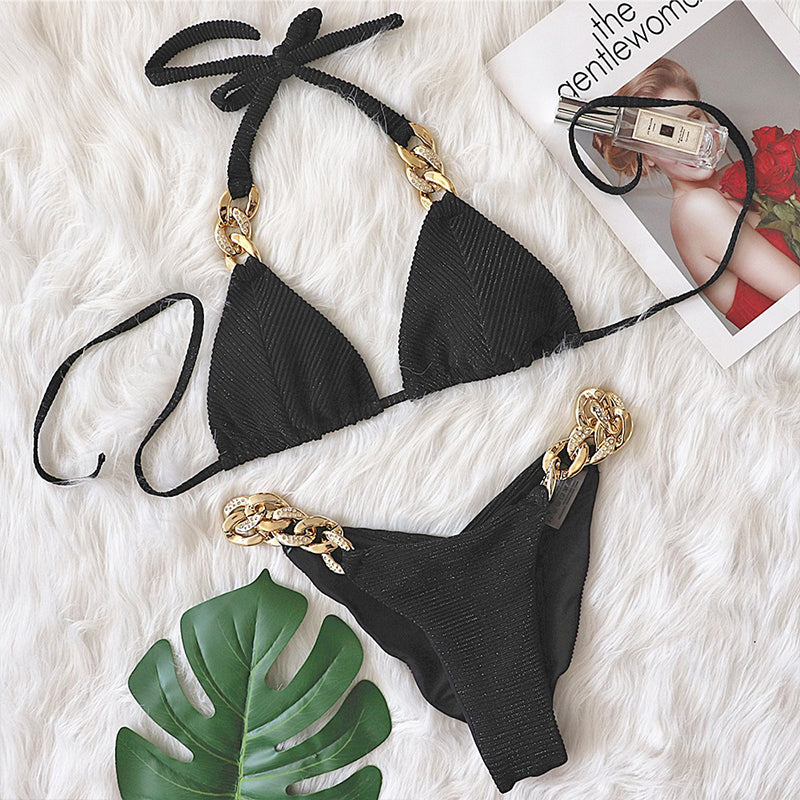 Halter Retro Bikinis triángulo traje De baño Mujer cadena De diamantes Trajes De baño Conjunto Biquinis Feminino Trajes De BañO Mujer