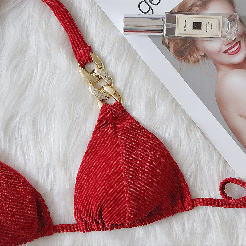 Halter Retro Bikinis triángulo traje De baño Mujer cadena De diamantes Trajes De baño Conjunto Biquinis Feminino Trajes De BañO Mujer