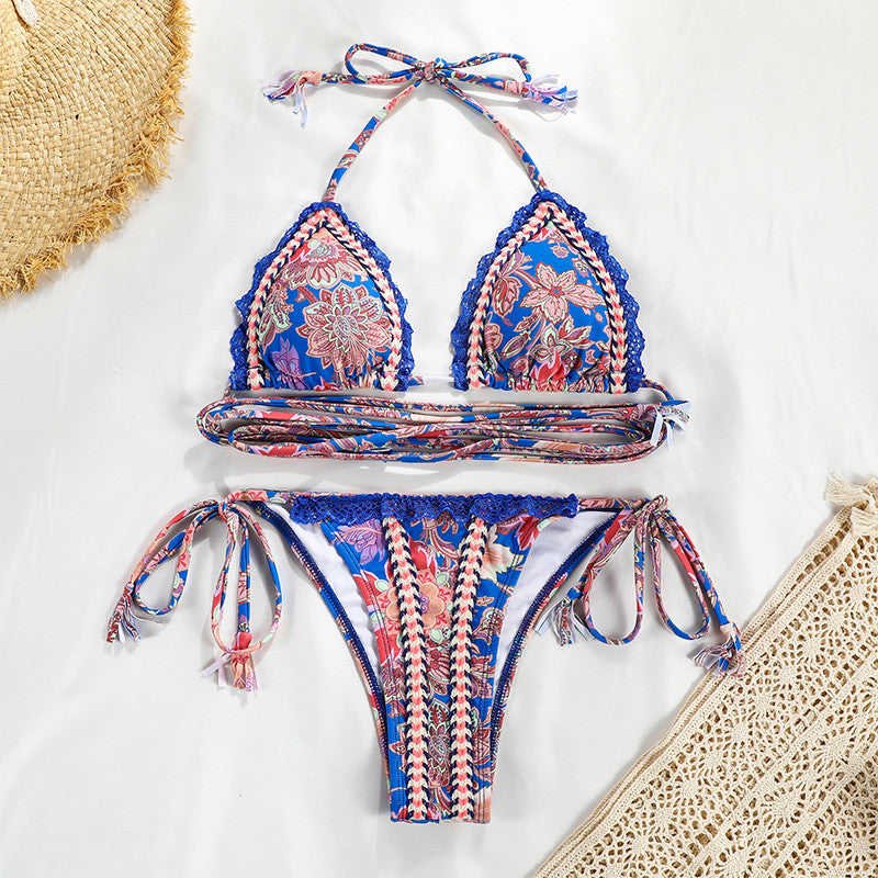 Bikini brasileño con estampado floral, traje de baño triangular para mujer, traje de baño con cuello halter