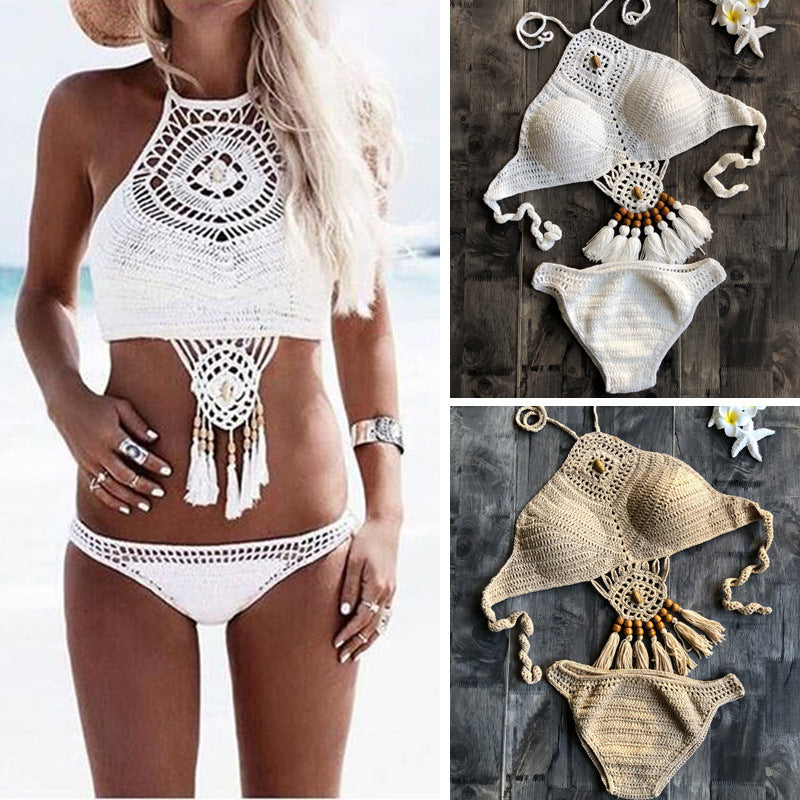 Bikini con cordones y aberturas para mujer, traje de baño de punto hecho a mano con abertura