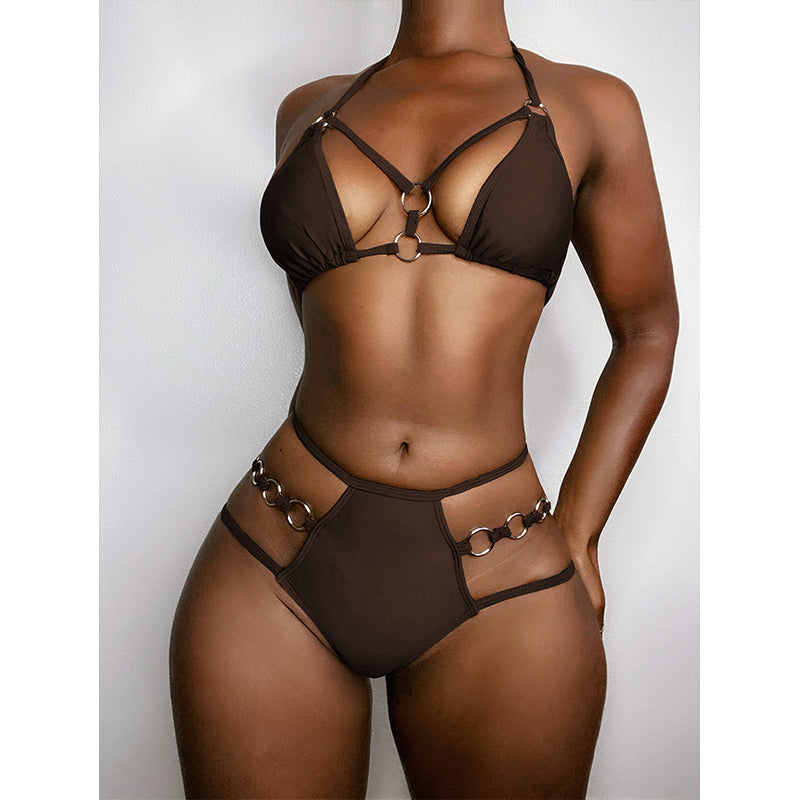 Conjunto de bikini push up con cuello halter, traje de baño liso para mujer, trajes de baño con aberturas y recortes.
